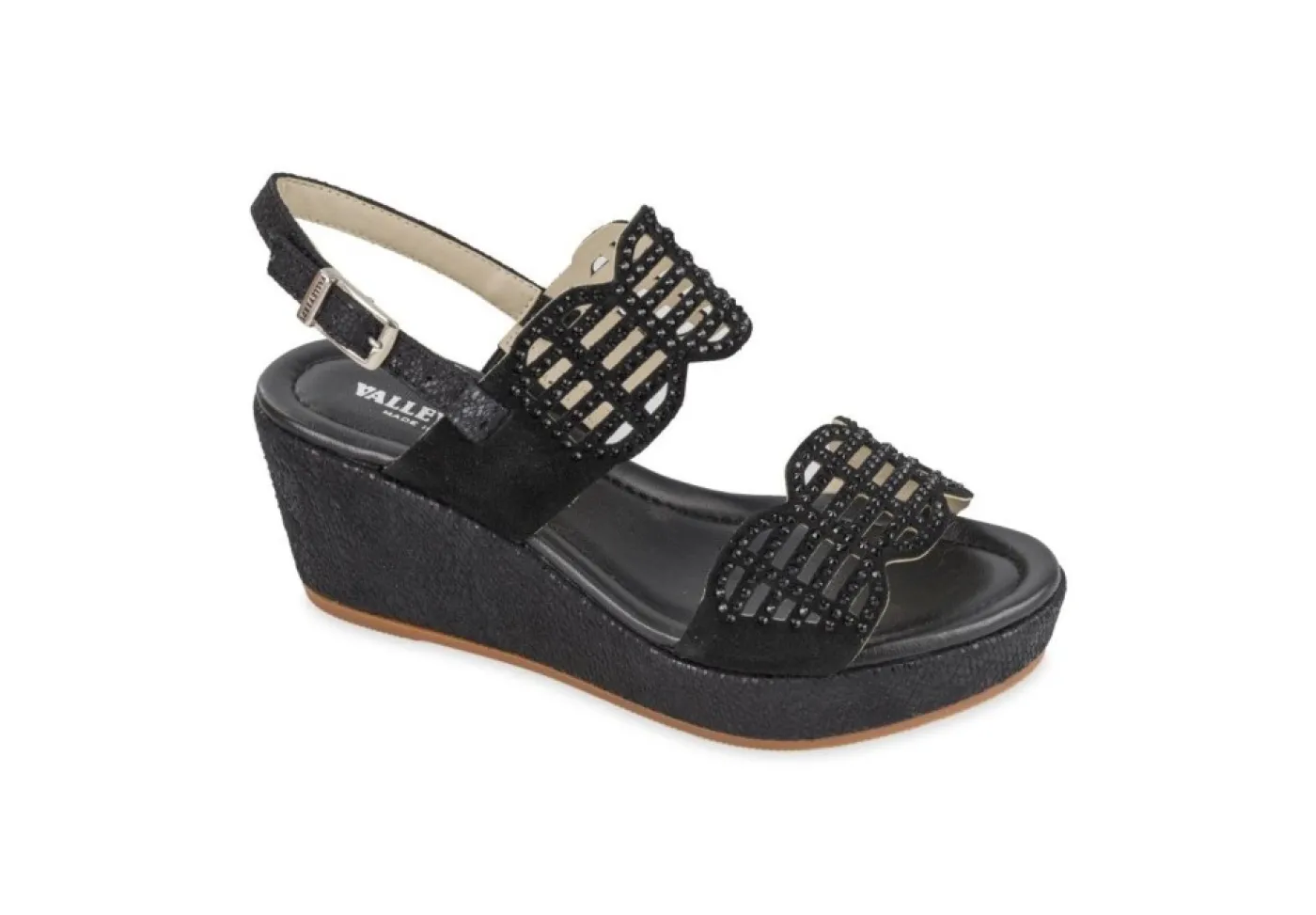 Valleverde Zeppe*Sandalo Da Donna In Pelle Con Zeppa 32217 Nero Con Strass
