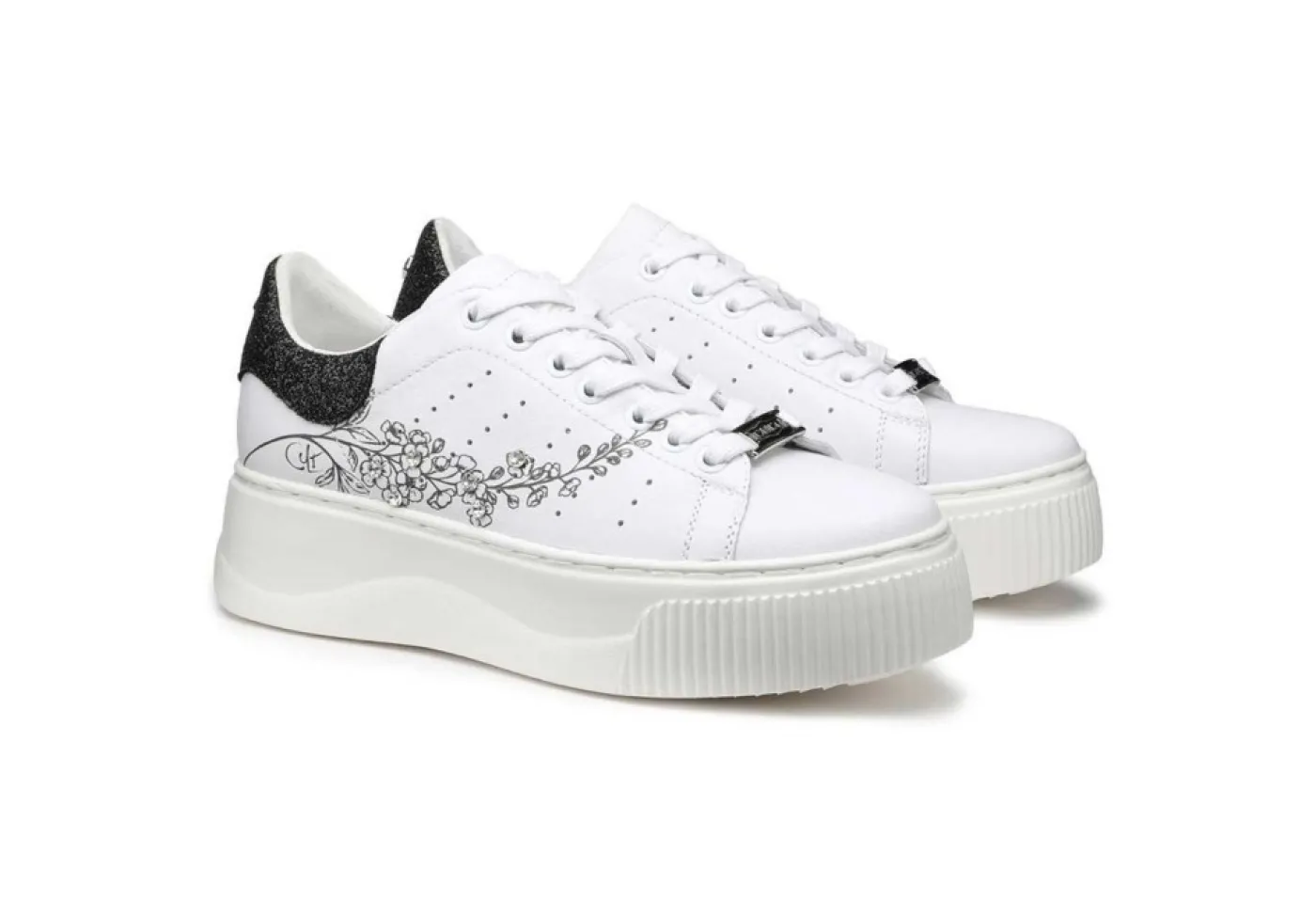 Cult Platform*Sneaker Da Donna In Pelle Bianca Con Stampa E Strass Clw337101