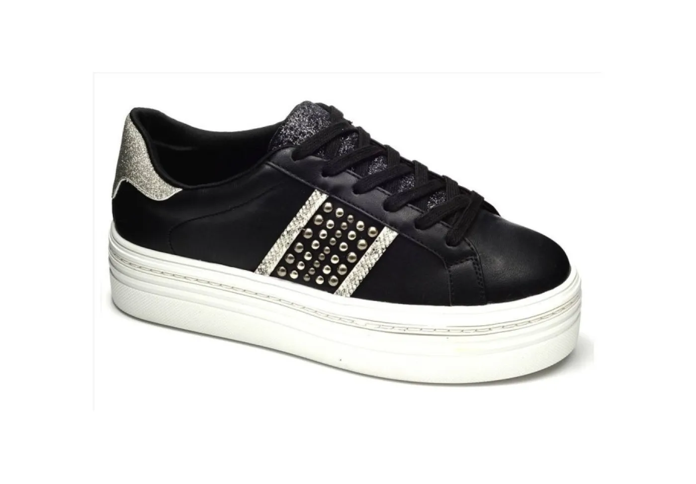 Gold&Gold Platform*Sneakers In Similpelle Con Glitter E Borchiette Gold&Gold Gb139 Nero